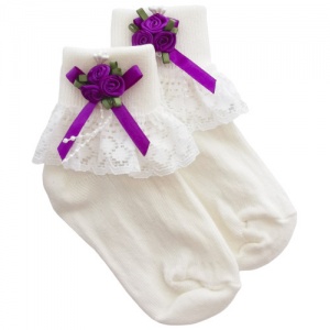 Girls Ivory Lace Socks with Purple Rosebud Cluster